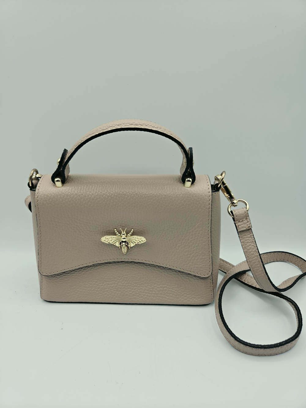 Luxury Franchetti Bond Bee Taupe Smooth Leather Satchel with Gold Bee Accent